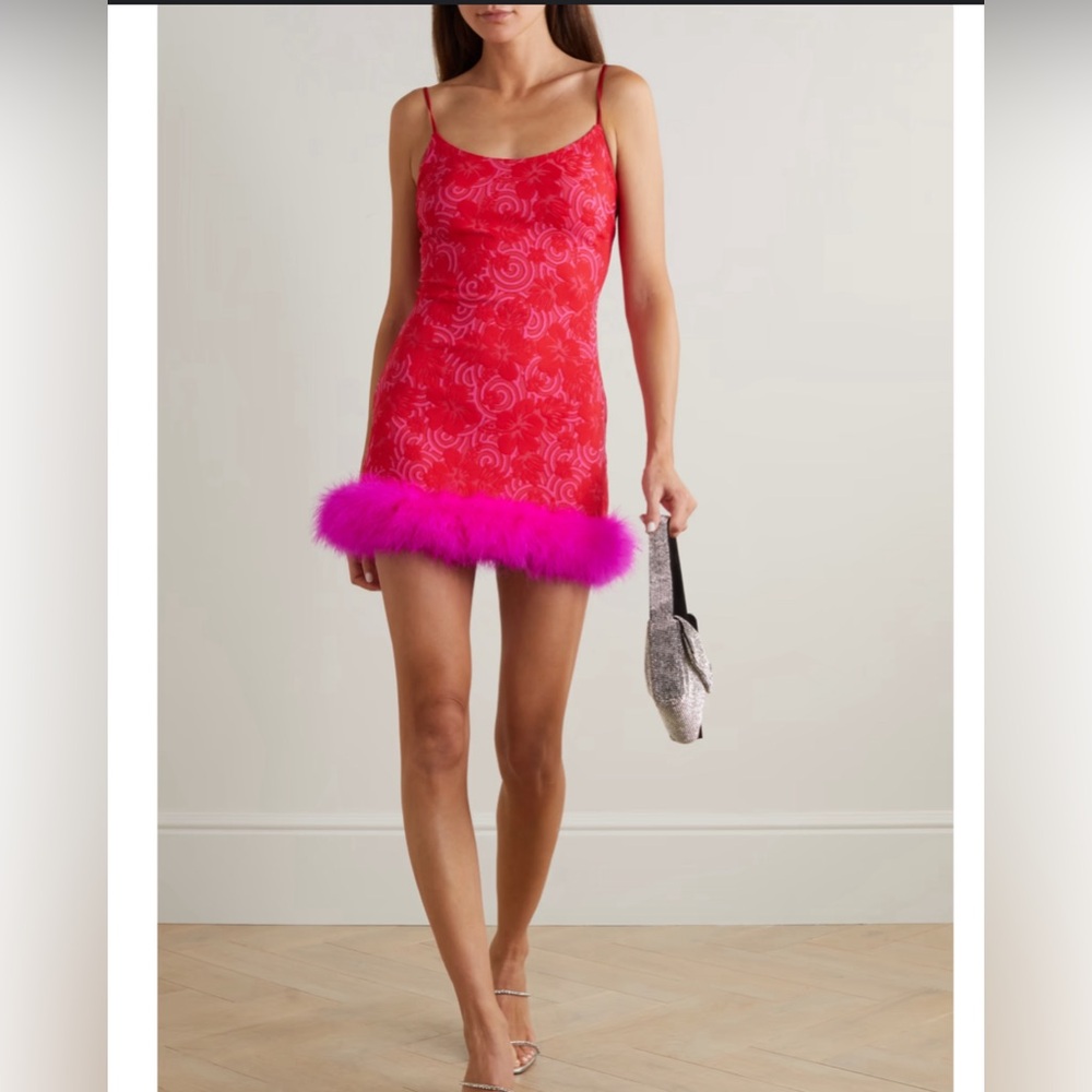 Leslie Amon pink jacquard mini dress with feathers - XL
